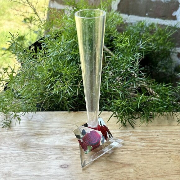 VTG 60's Bircraft Vase Lucite Reverse Carved Deep Red Rose Green Leaves 8.5" H - Picture 2 of 8